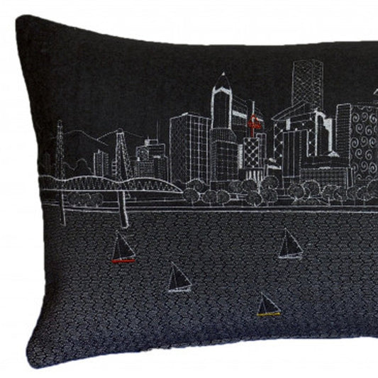 14" X 35" Dark Gray And White Portland Nighttime Skyline Lumbar Decorative Pillow