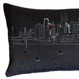 14" X 35" Dark Gray And White Portland Nighttime Skyline Lumbar Decorative Pillow