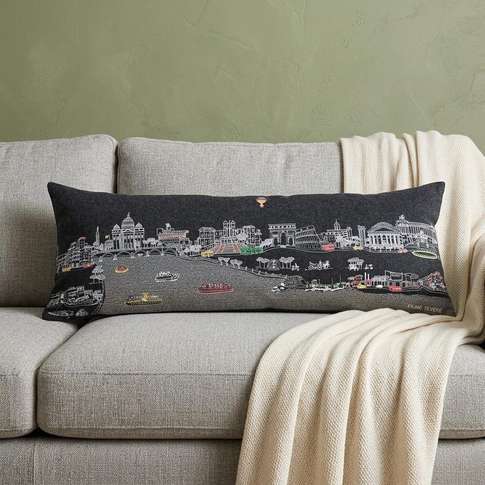 14" X 35" Dark Gray And White Rome Nighttime Skyline Lumbar Decorative Pillow