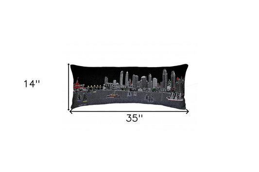14" X 35" Dark Gray And White San Diego Nighttime Skyline Lumbar Decorative Pillow