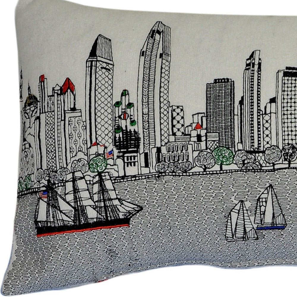 14" X 35" Cream San Diego Daylight Skyline Lumbar Decorative Pillow