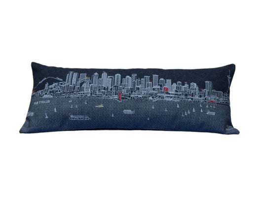 14" X 35" Dark Gray And White Seattle Nighttime Skyline Lumbar Decorative Pillow