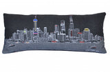 14" X 35" Dark Gray And White Shanghai Nighttime Skyline Lumbar Decorative Pillow
