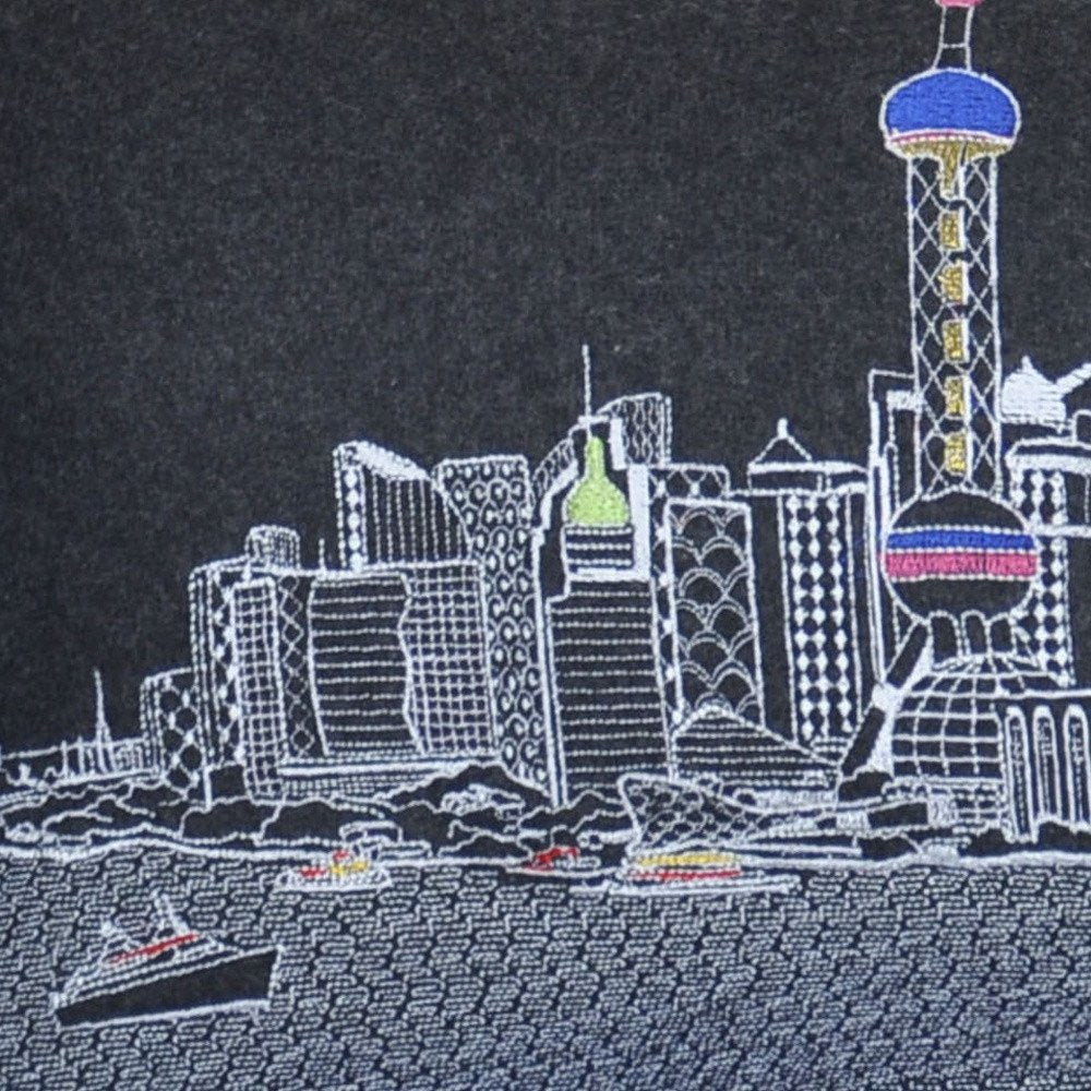 14" X 35" Dark Gray And White Shanghai Nighttime Skyline Lumbar Decorative Pillow