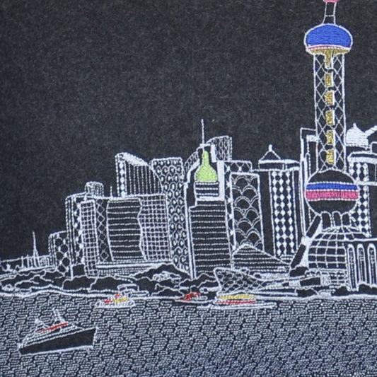 14" X 35" Dark Gray And White Shanghai Nighttime Skyline Lumbar Decorative Pillow