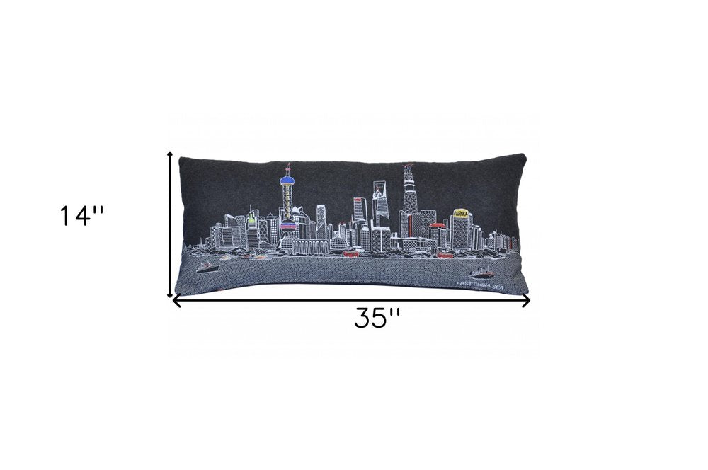 14" X 35" Dark Gray And White Shanghai Nighttime Skyline Lumbar Decorative Pillow