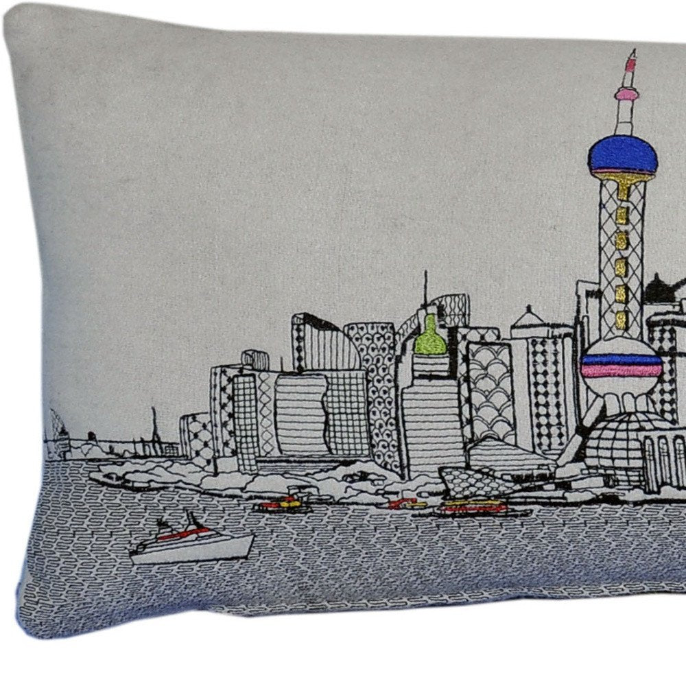 14" X 35" Cream Shanghai Daylight Skyline Lumbar Decorative Pillow