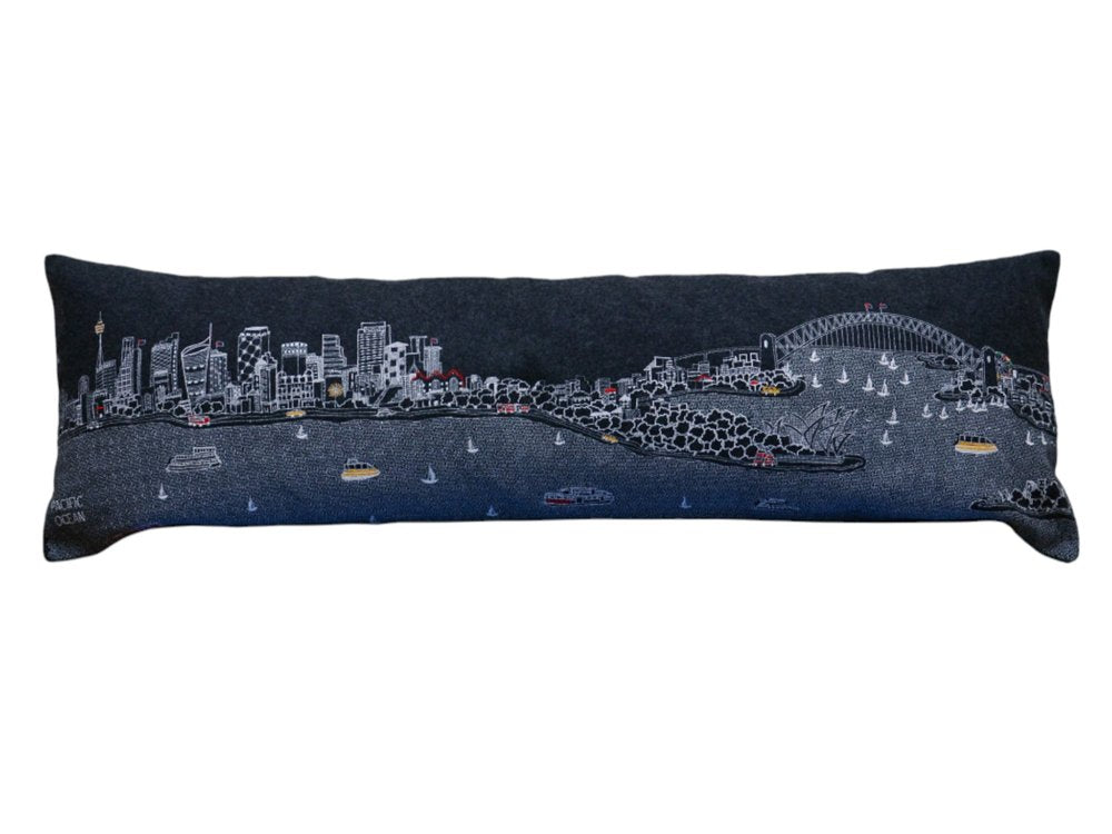 14" X 35" Dark Gray And White Sydney Nighttime Skyline Lumbar Decorative Pillow