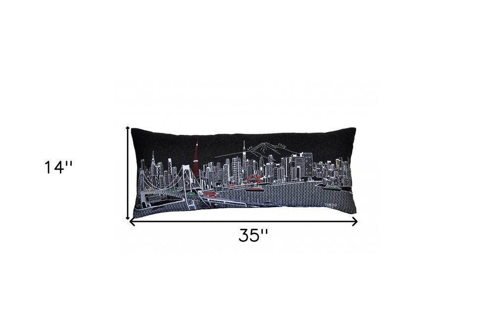 14" X 35" Dark Gray And White Tokyo Nighttime Skyline Lumbar Decorative Pillow