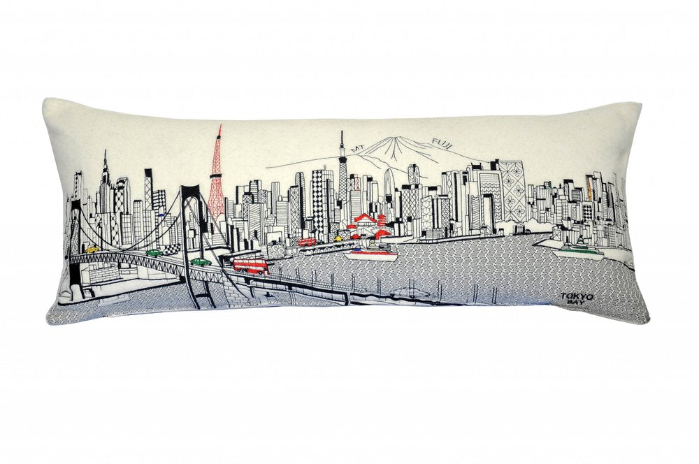 14" X 35" Cream Tokyo Daylight Skyline Lumbar Decorative Pillow