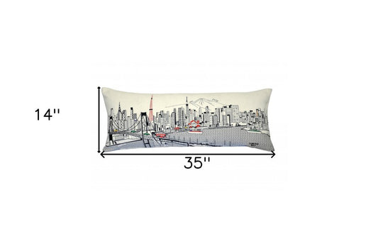 14" X 35" Cream Tokyo Daylight Skyline Lumbar Decorative Pillow