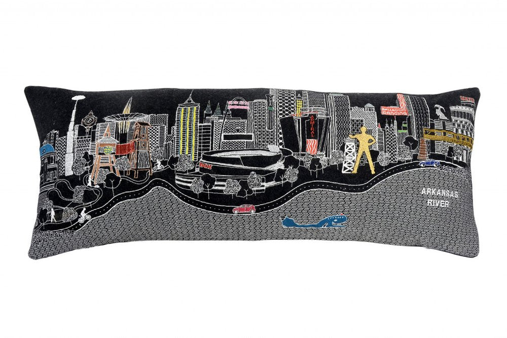 14" X 35" Dark Gray And White Tulsa Nighttime Skyline Lumbar Decorative Pillow