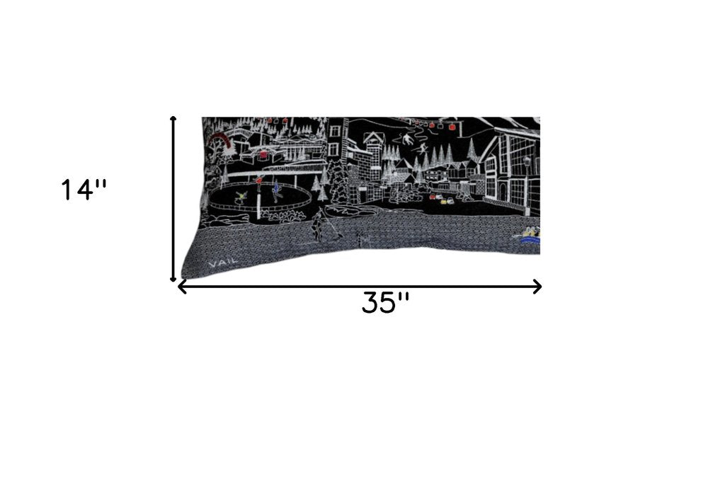 14" X 35" Dark Gray And White Vail Nighttime Skyline Lumbar Decorative Pillow