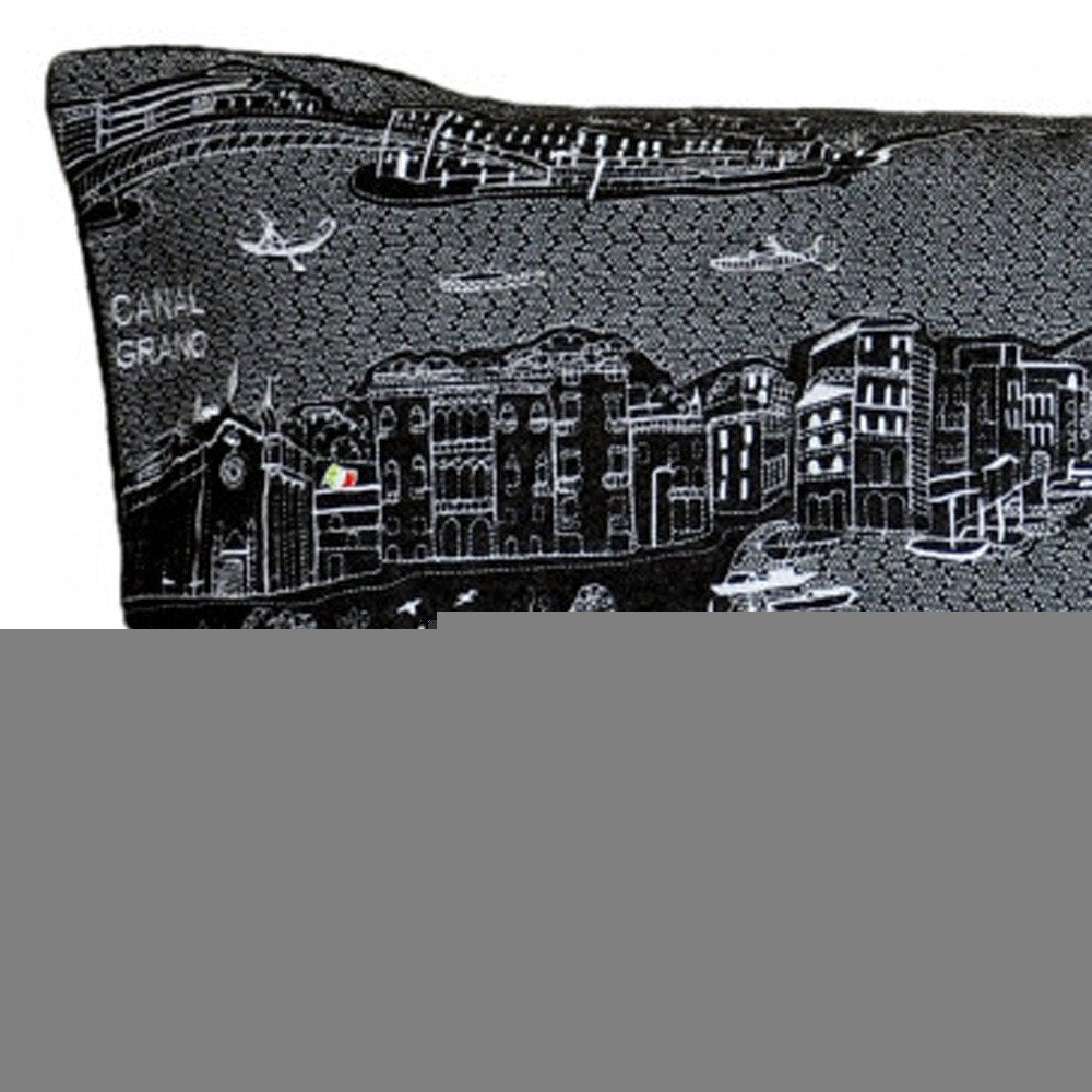 14" X 35" Dark Gray And White Venice Nighttime Skyline Lumbar Decorative Pillow