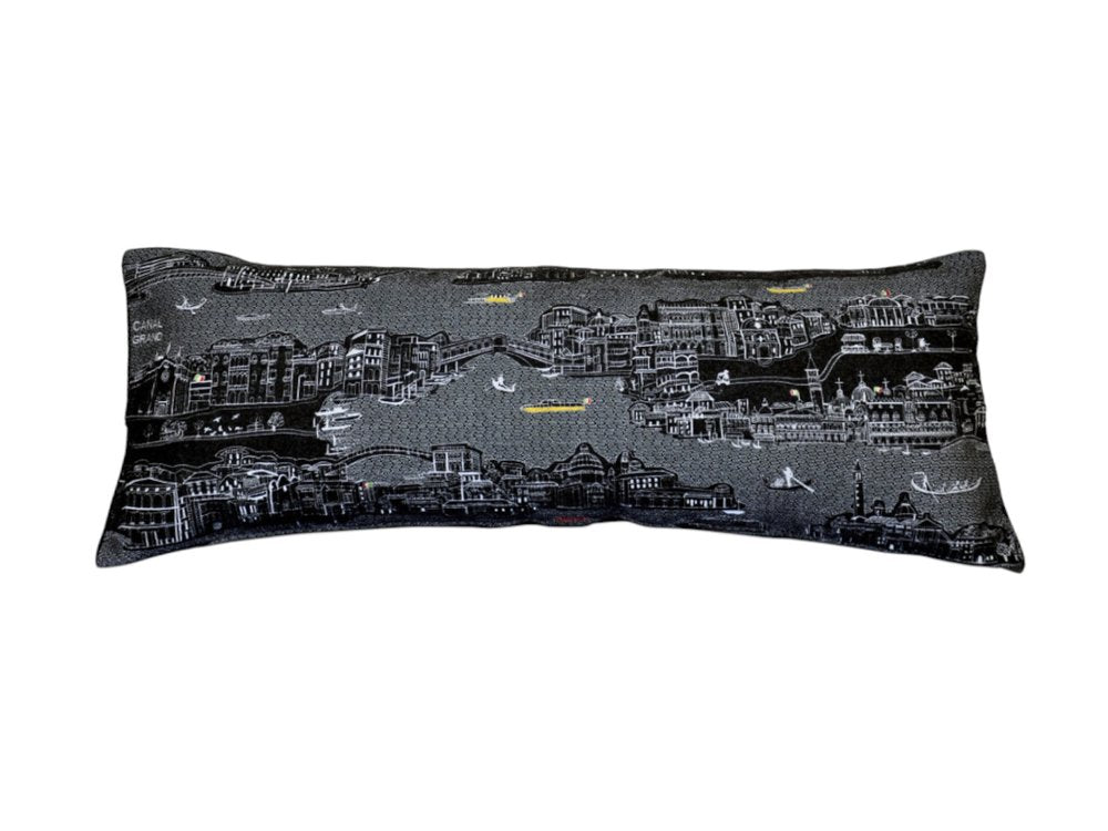 14" X 35" Dark Gray And White Venice Nighttime Skyline Lumbar Decorative Pillow