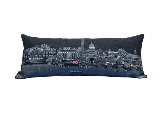 14" X 35" Dark Gray And White Washington DC Nighttime Skyline Lumbar Decorative Pillow