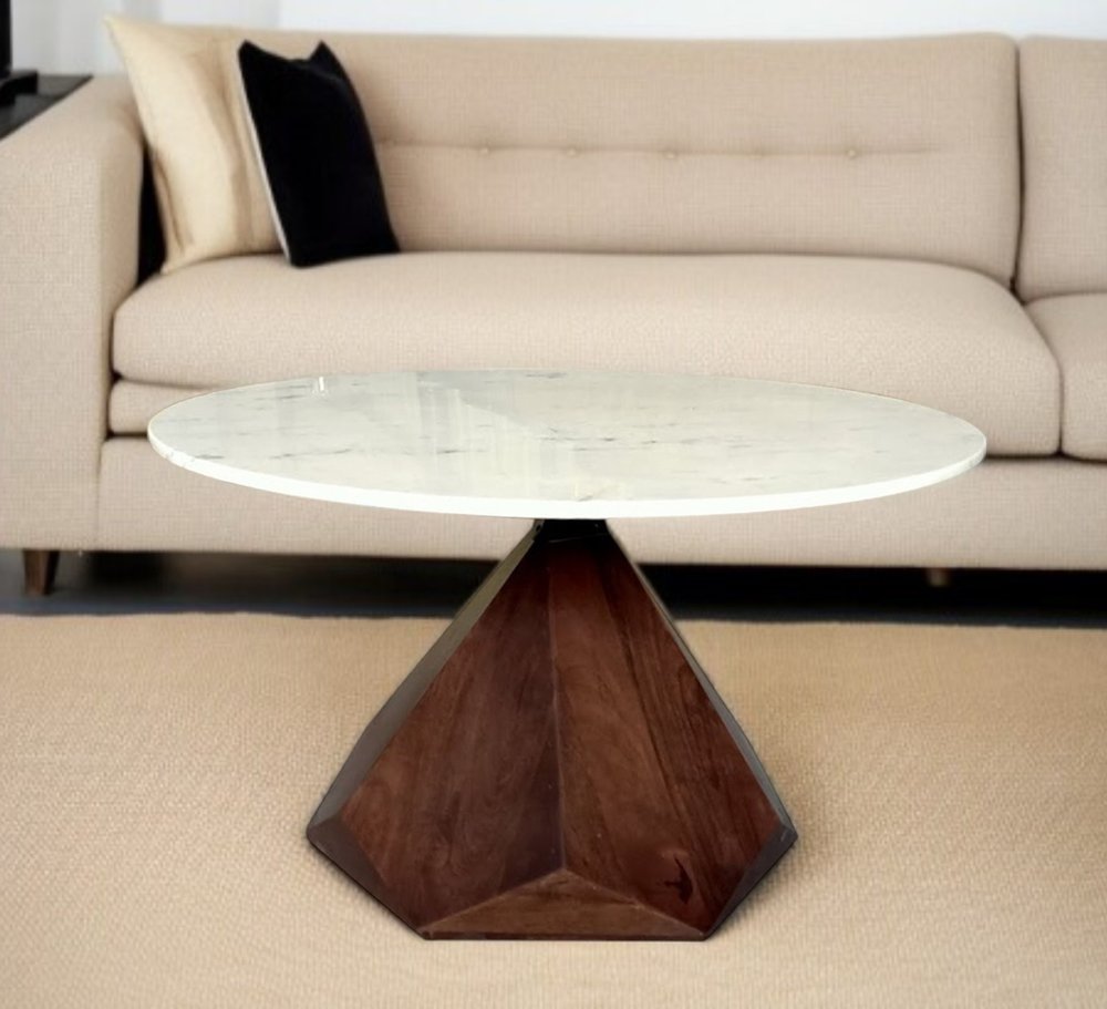 32" Brown And White Solid Wood and Marble Geo Coffee Table