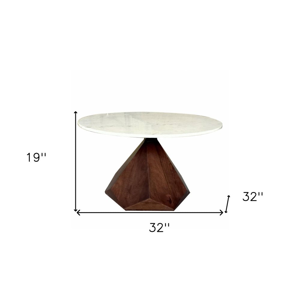 32" Brown And White Solid Wood and Marble Geo Coffee Table