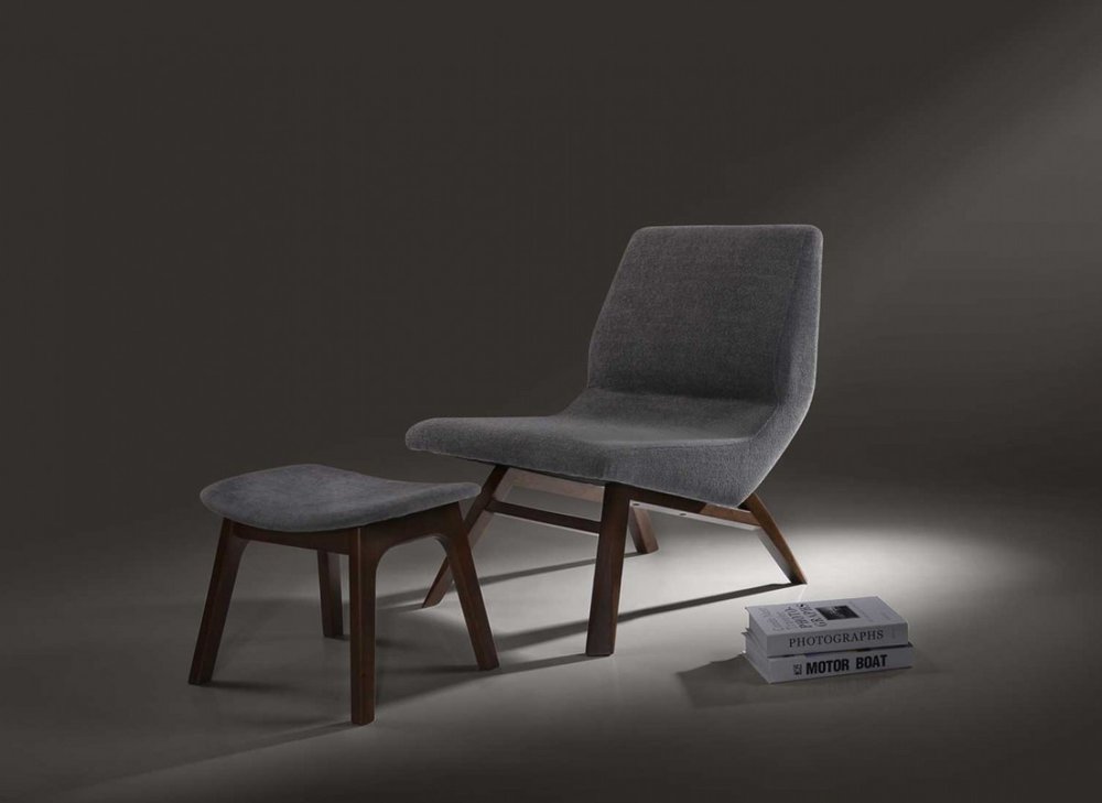 22" Gray And Brown Upholstered Lounge Chair With Ottoman