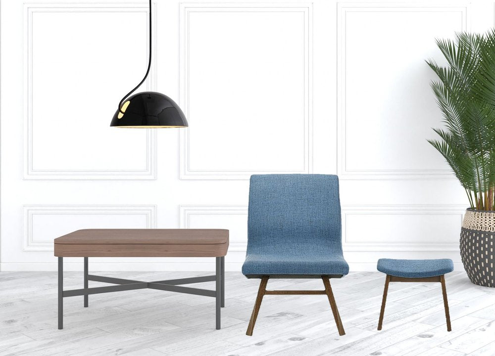 22" Blue And Brown Upholstered Lounge Chair With Ottoman