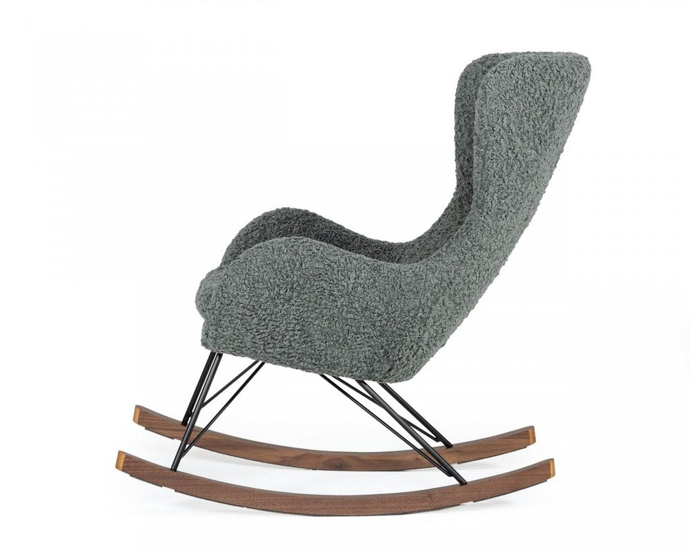 30" Gray and Brown Faux Fur Metal And Solid Wood Rocking Chair
