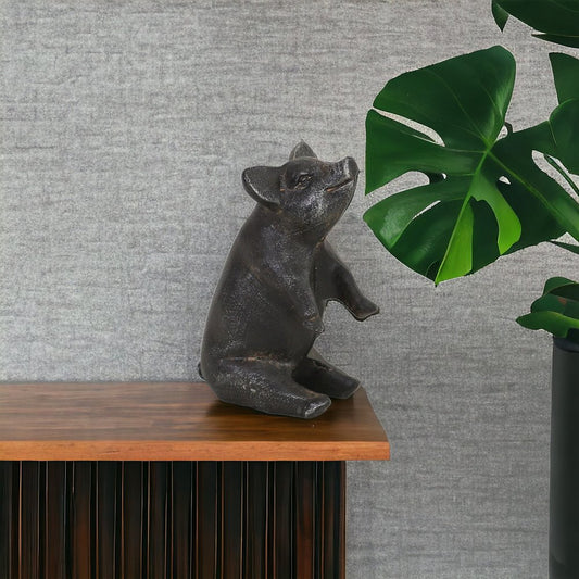 8" Black Metal Pig Hand Painted Figurine Tabletop Sculpture