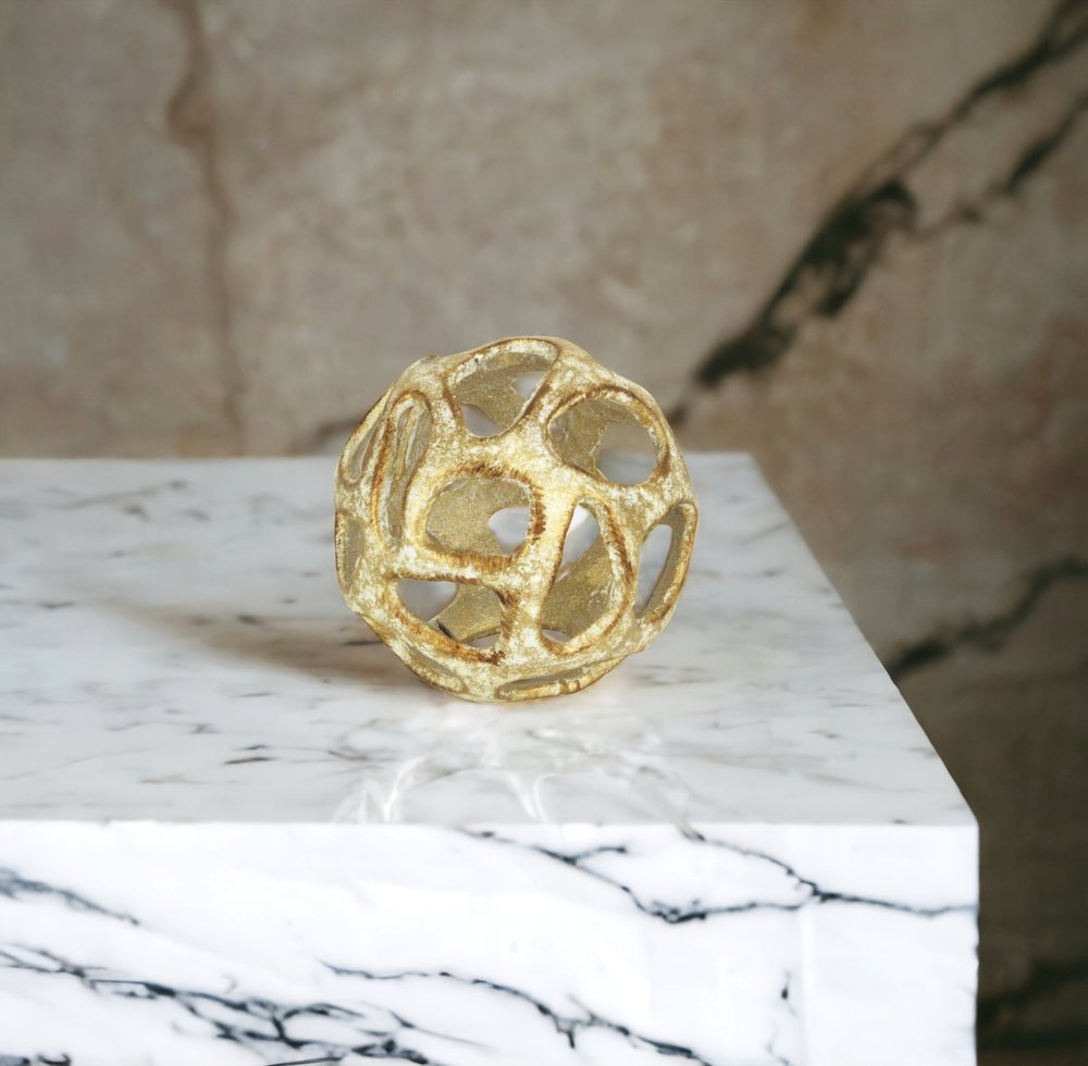 4" Gold Cast Iron Hand Painted Decorative Orb Tabletop Sculpture