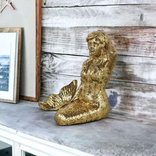6" Antiqued Brass Cast Iron Mermaid Hand Painted Statue Tabletop Sculpture