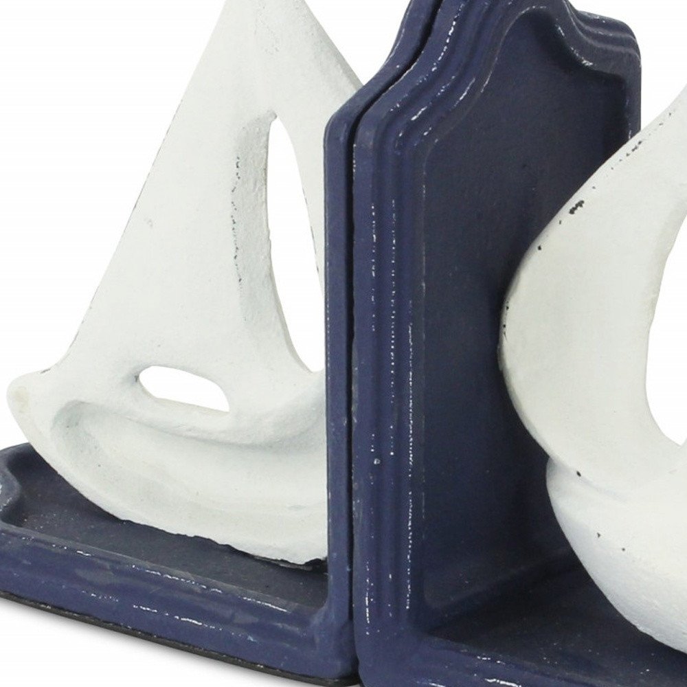 Set of Two 5" Blue And White Cast Iron Sailboat Decorative Bookends