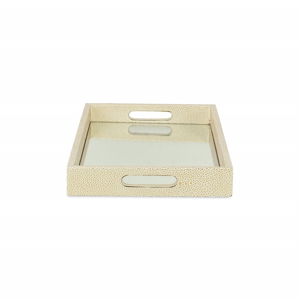 16" White Gold Rectangular Wood Handmade Tray With Handles