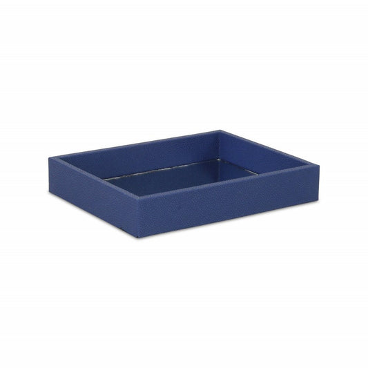 10" Navy Blue Mirrored Glass And Wood Faux Shagreen Vanity Tray
