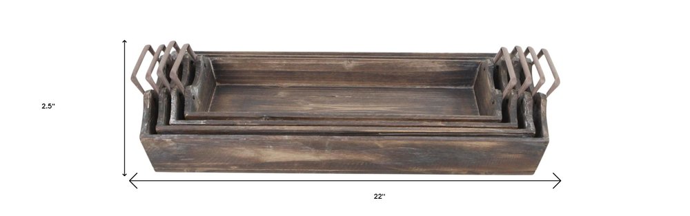 Set of Four Brown Wood Handmade Serving Tray With Handles