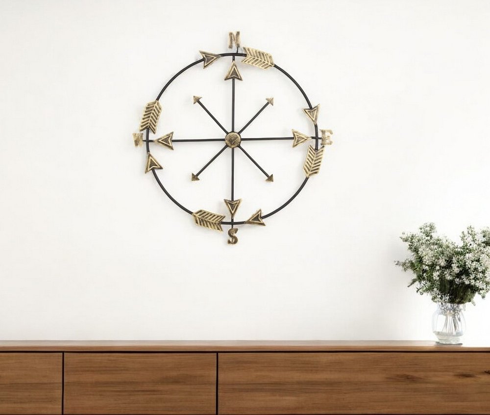 26" X 25" Brass and Black Metal Distressed Compass Wall Decor