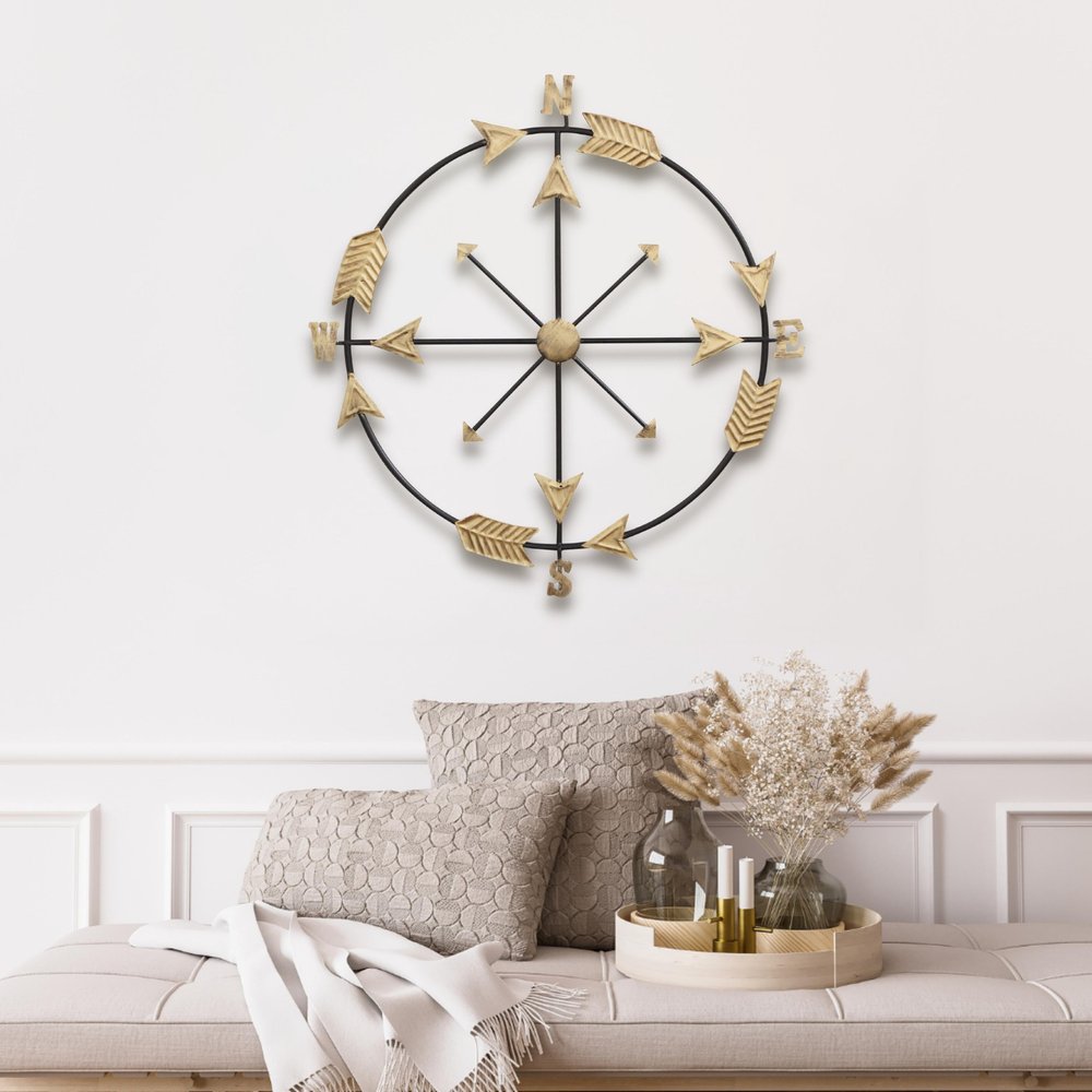 26" X 25" Brass and Black Metal Distressed Compass Wall Decor
