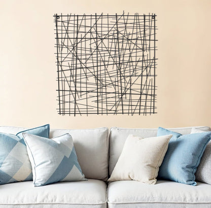 32" X 32" Black Handcrafted Abstract Lines Metal Hanging Dimensional Sculpture