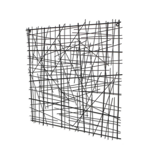 32" X 32" Black Handcrafted Abstract Lines Metal Hanging Dimensional Sculpture