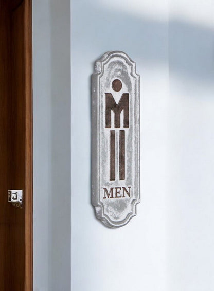 12" X 4" Gray and Brown Handcrafted Mens Room Metal Wall Decor