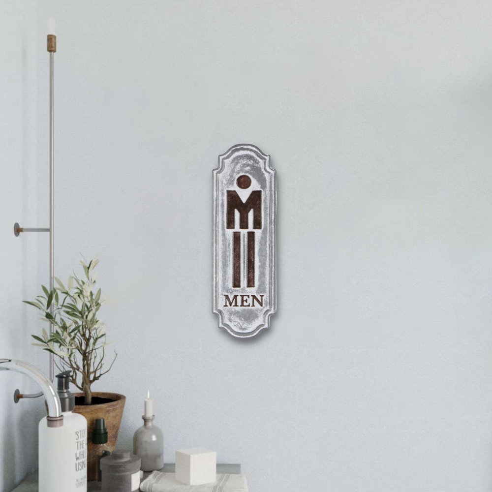 12" X 4" Gray and Brown Handcrafted Mens Room Metal Wall Decor