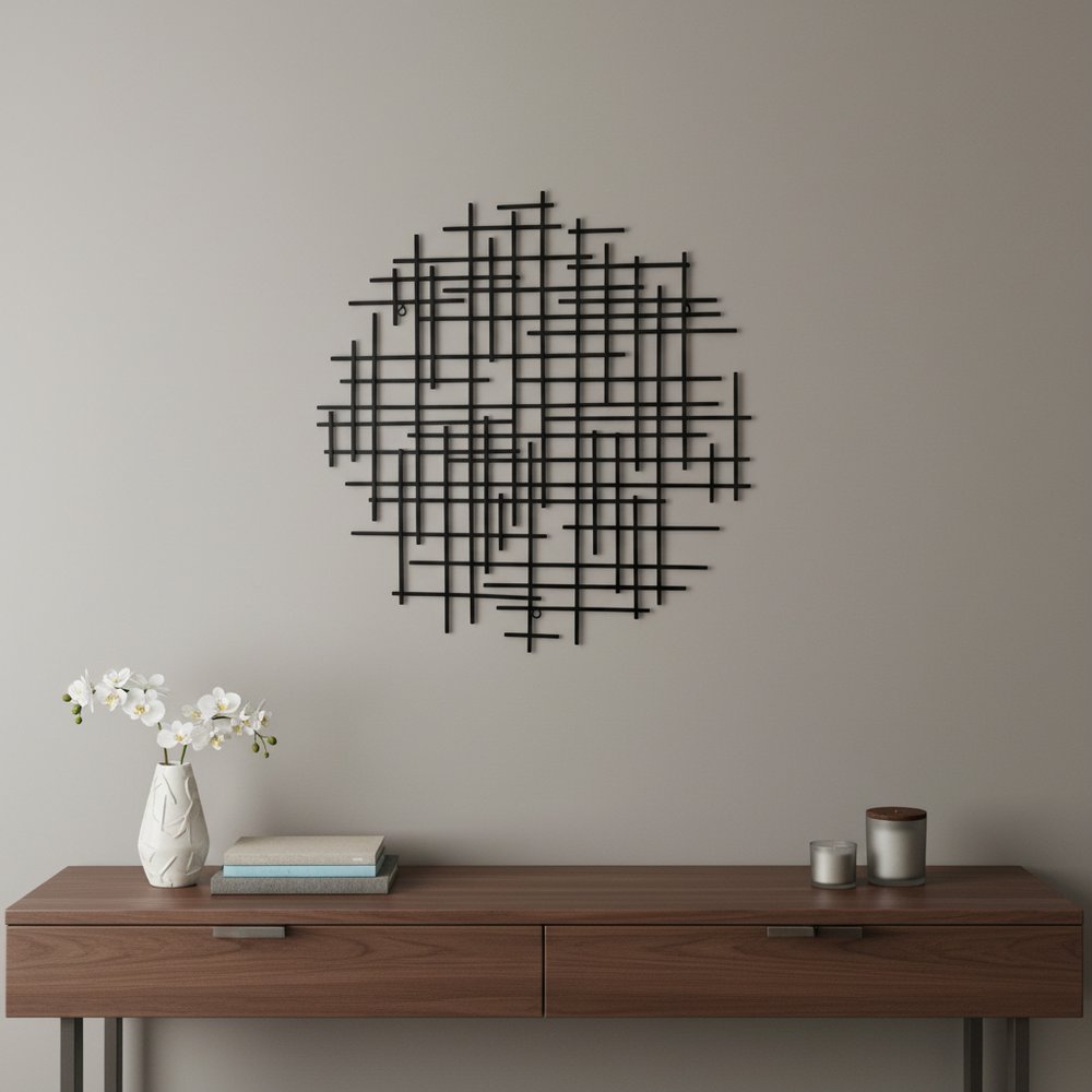 30" X 30" Black Metal Abstract Lines Round Hanging Dimensional Sculpture