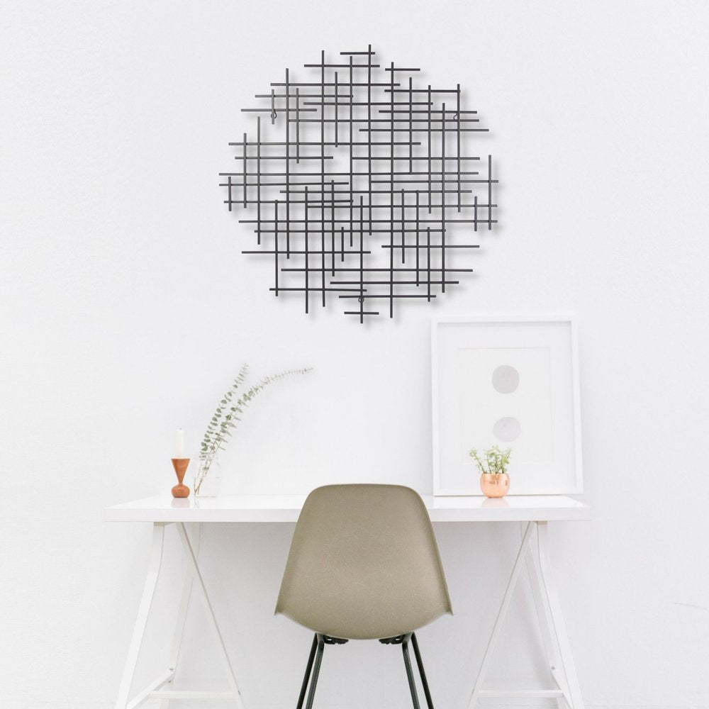 30" X 30" Black Metal Abstract Lines Round Hanging Dimensional Sculpture