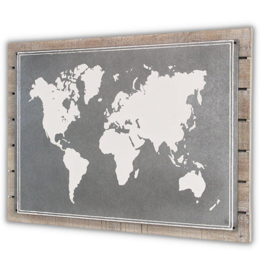 25" X 34" Brown and Gray Wood and Metal World Map Hanging Dimensional Sculpture
