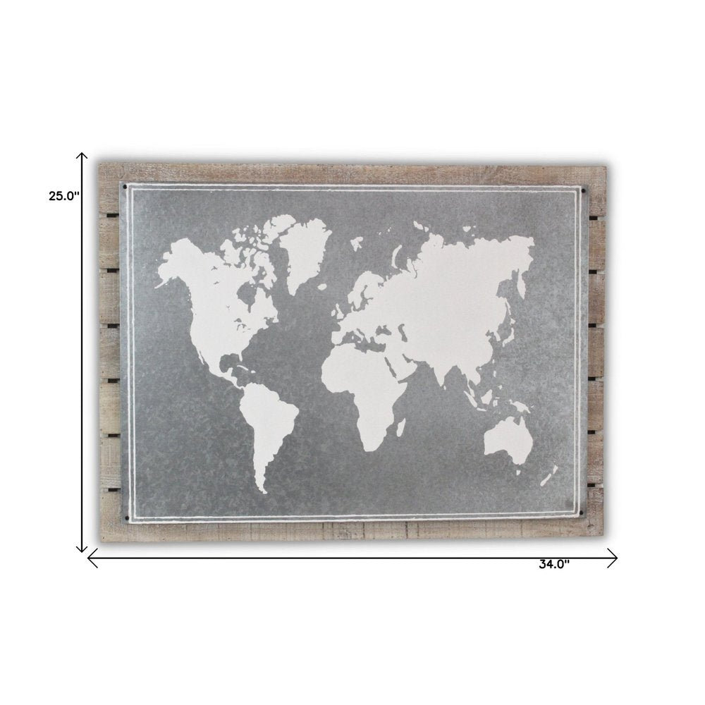 25" X 34" Brown and Gray Wood and Metal World Map Hanging Dimensional Sculpture