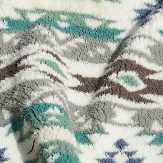 50" X 60" Ivory Gray And Green Faux Sherpa Southwestern Throw Blanket