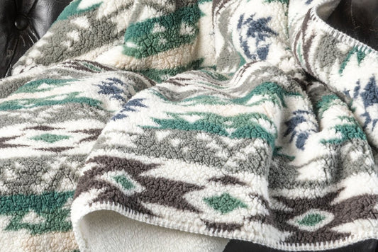 50" X 60" Ivory Gray And Green Faux Sherpa Southwestern Throw Blanket