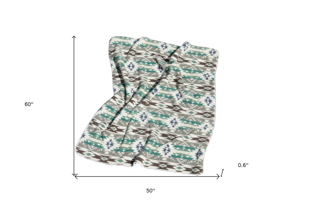 50" X 60" Ivory Gray And Green Faux Sherpa Southwestern Throw Blanket