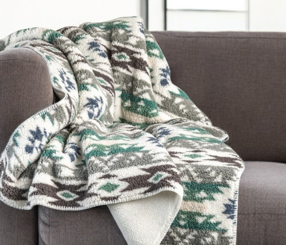 50" X 60" Ivory Gray And Green Faux Sherpa Southwestern Throw Blanket