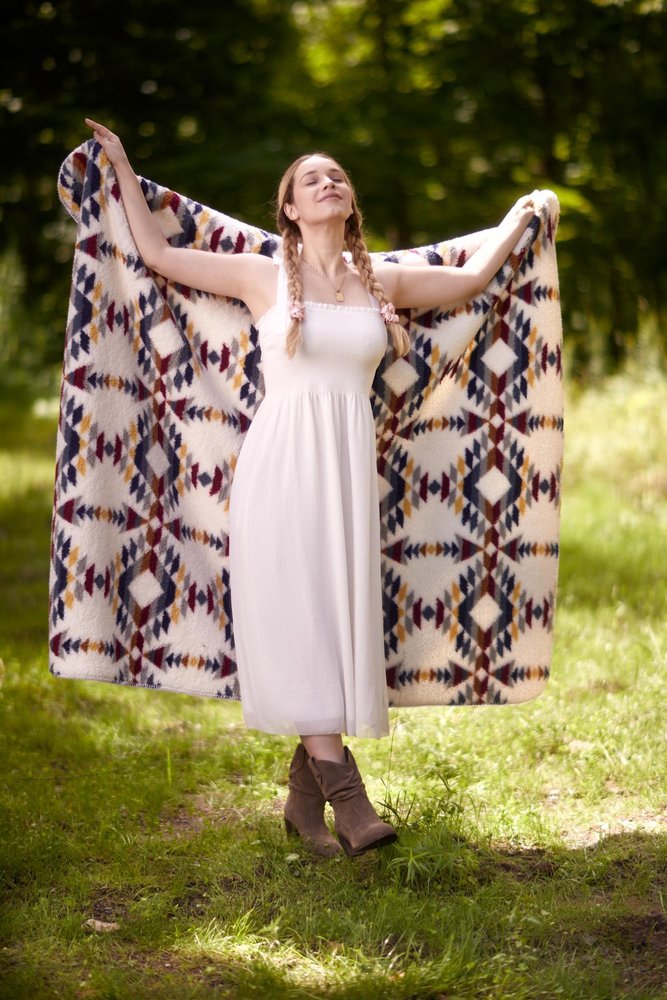 50" X 60" Blue And Off White Knitted Throw Blanket