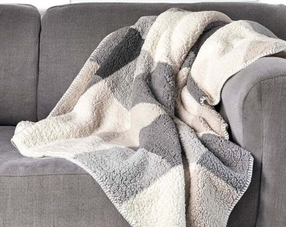 50" X 60" Gray And Ivory Faux Sherpa Plaid Throw Blanket