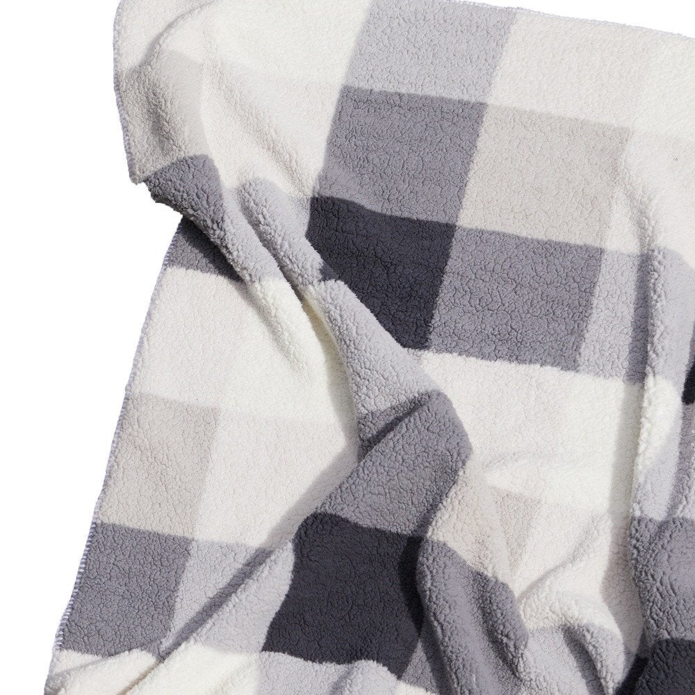 50" X 60" Gray And Ivory Faux Sherpa Plaid Throw Blanket