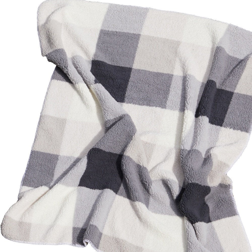 50" X 60" Gray And Ivory Faux Sherpa Plaid Throw Blanket